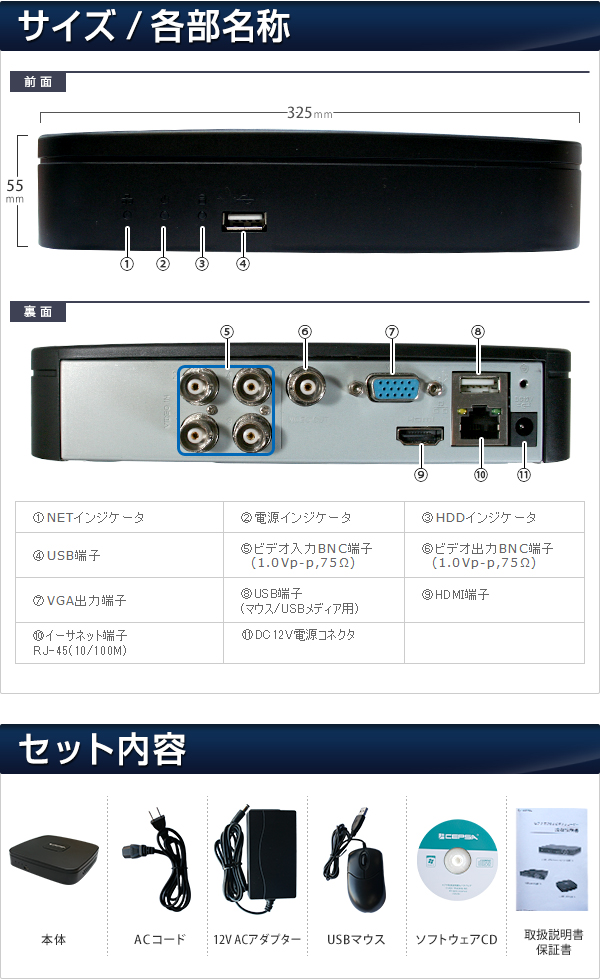 RD-HF04301-E2 4ch フルD1 ミニDVR サイズ・各部名称/セット内容