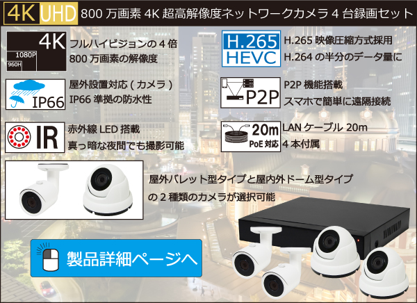 800万画素4K超高解像度ネットワークカメラ4台録画セット YKS-C4H800M