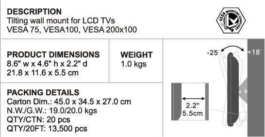 LCD-109 上下調節付・液晶プラズマテレビ壁掛金具（13-31型）VESA（75、100、200×100mm）