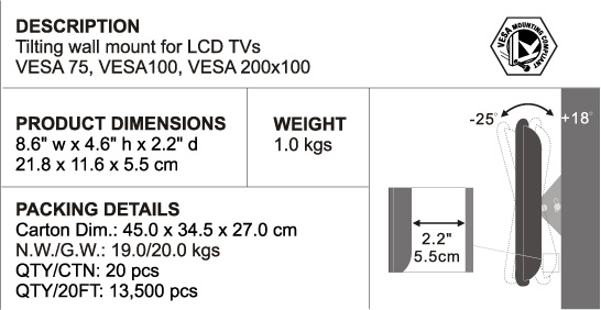 LCD-109 上下調節付・液晶プラズマテレビ壁掛金具(13-31型)VESA(75、100、200×100mm)