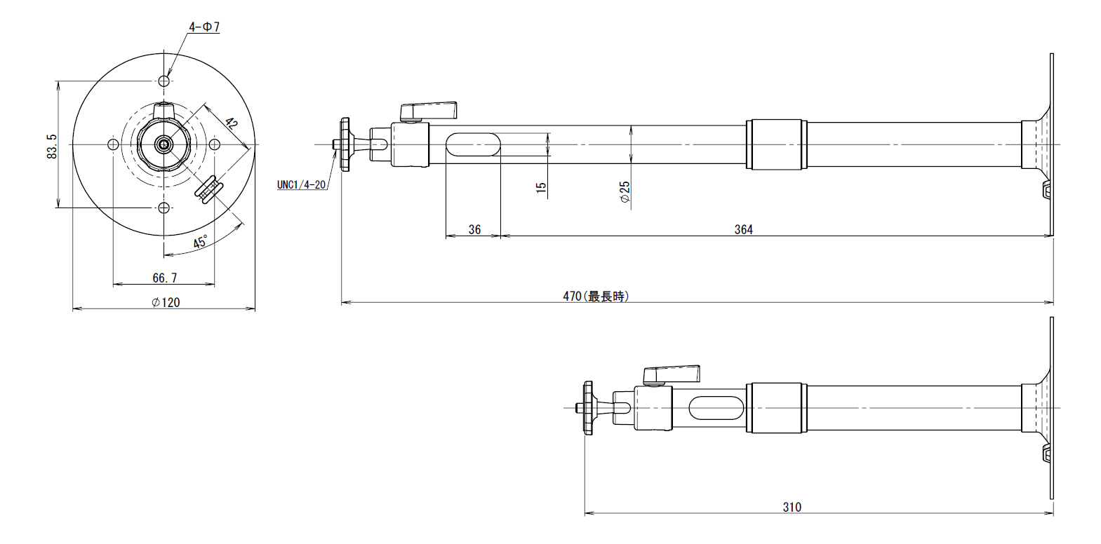 アルミ製小型カメラブラケット WH-11 寸法図